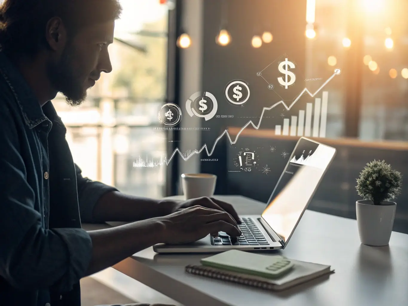 A person confidently managing their finances on a laptop, with charts and graphs in the background, symbolizing financial empowerment through education.