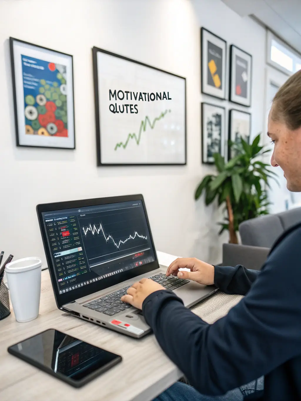 A professional-looking image of a person confidently managing their finances on a laptop, with charts and graphs in the background, symbolizing financial control and literacy.